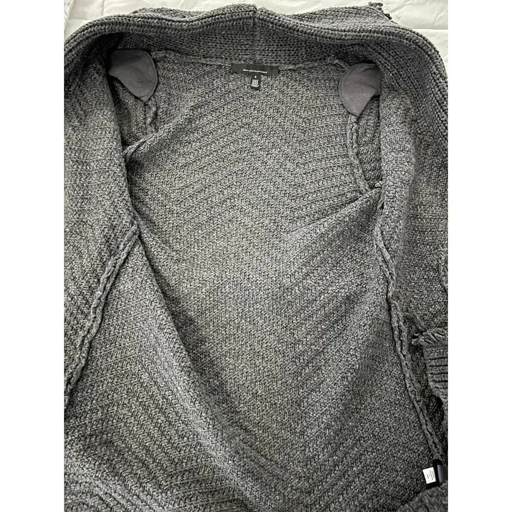 White House Black Market Fringe Shawl Sweater Coat Grey Pockets Belt Sz S